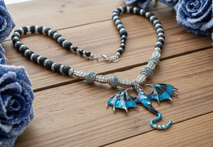 Azure Blue/Black Enameled Alloy Dragon Pendant Necklace