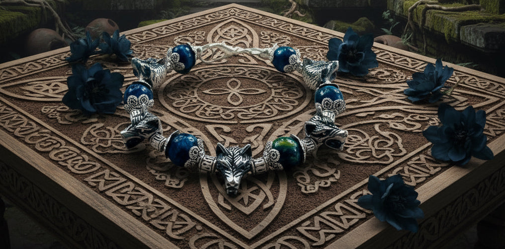 Blue Tiger’s Eye Bead Bracelet with Wolf Head Spacer Charms