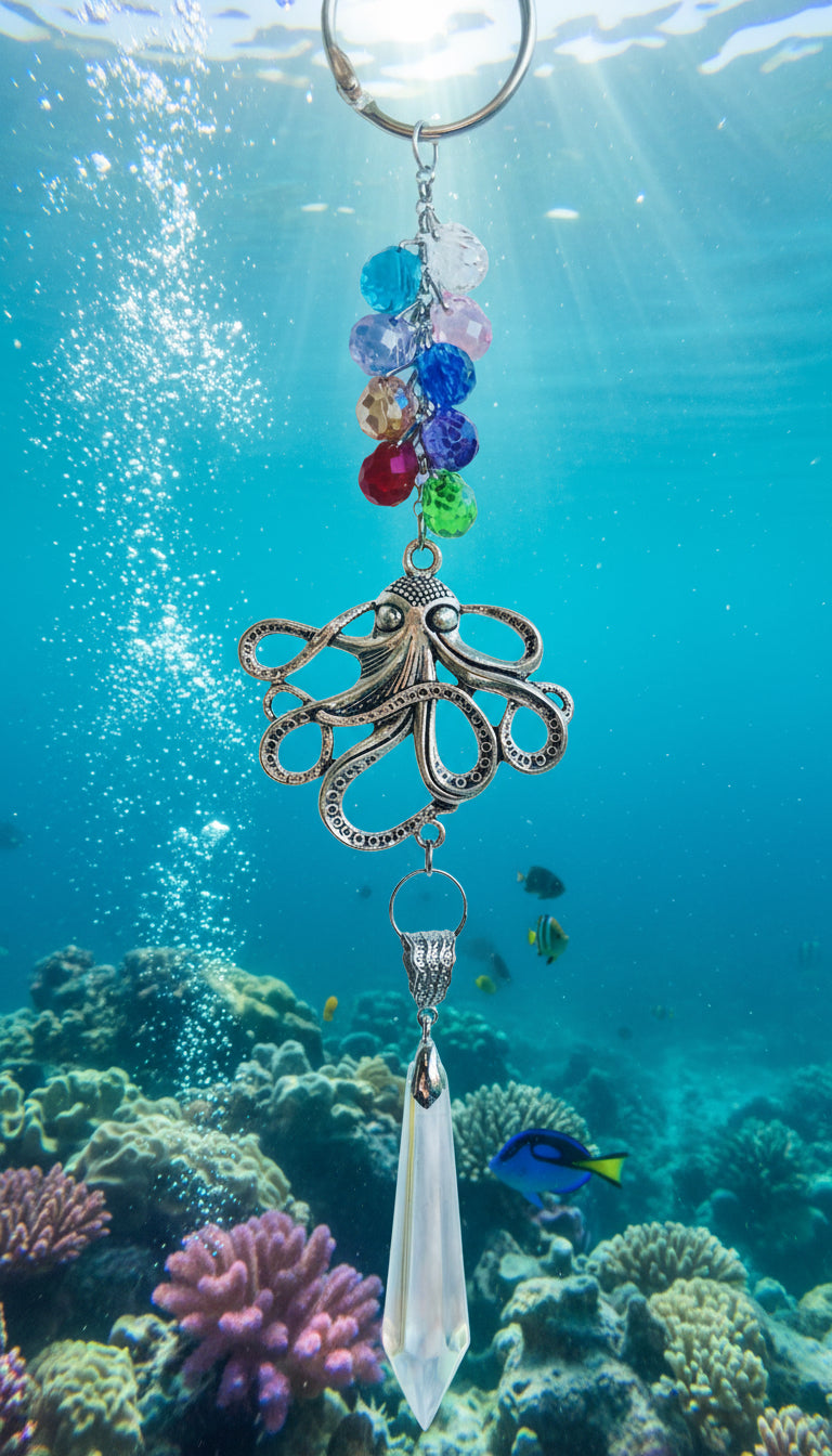 Octopus SunCatcher with Chandelier Crystal Prism & Light Reflecting Beads