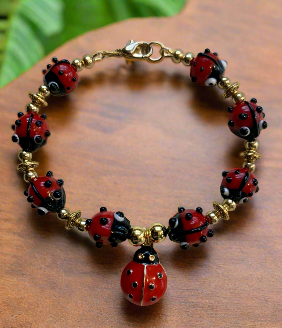 Glass Bead/Metal Ladybug Charm Bracelet