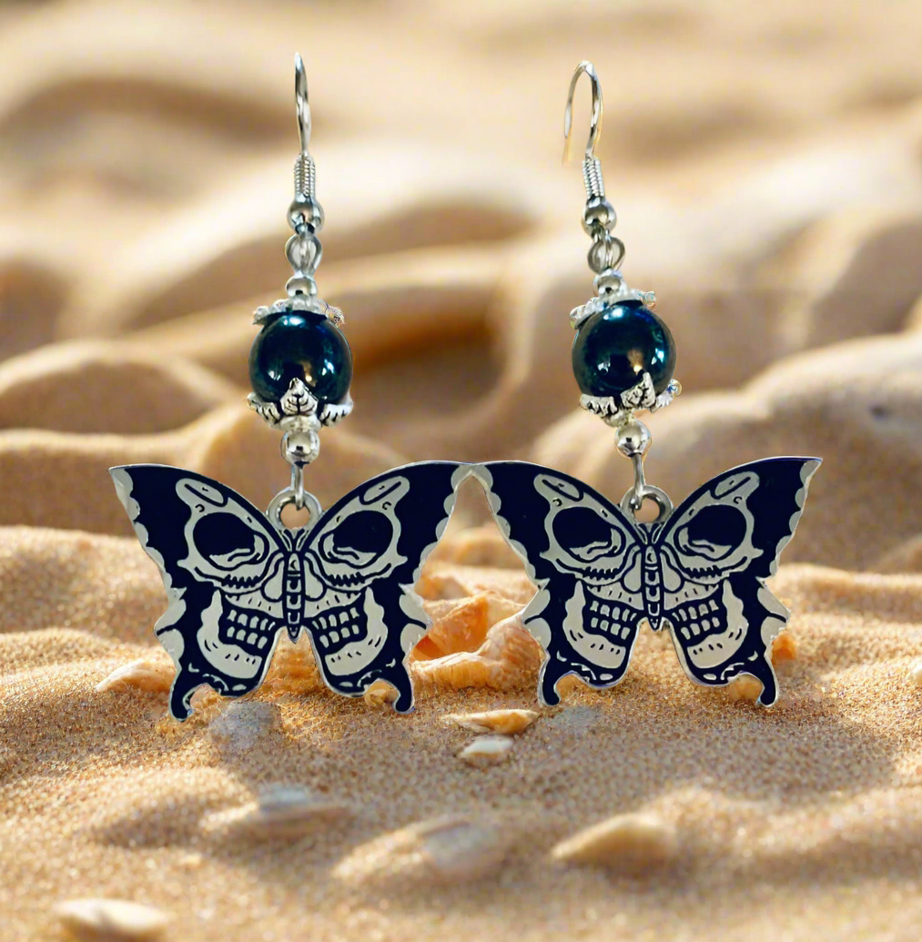 Tin Alloy Butterfly/Skull/Hematite Bead Earrings