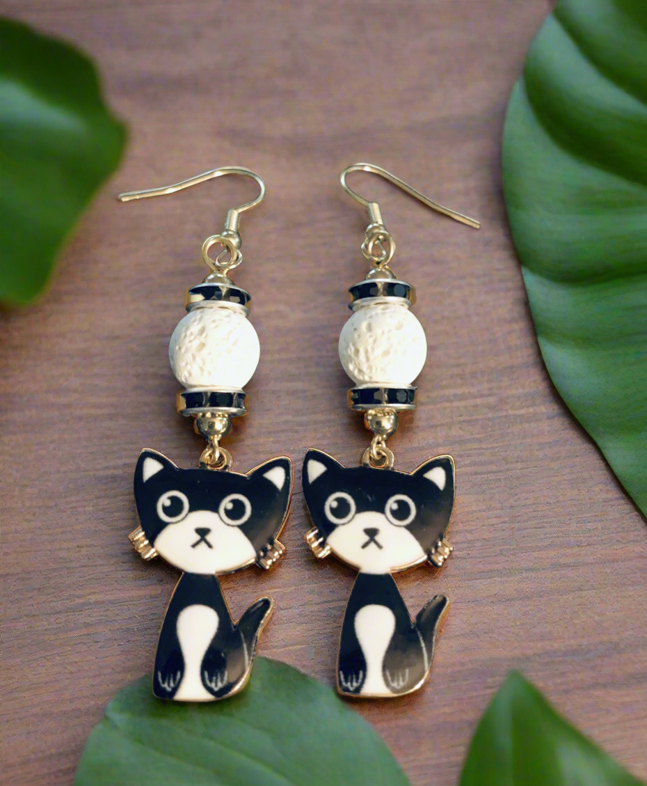 Enameled B/W Kitty Charm Earrings