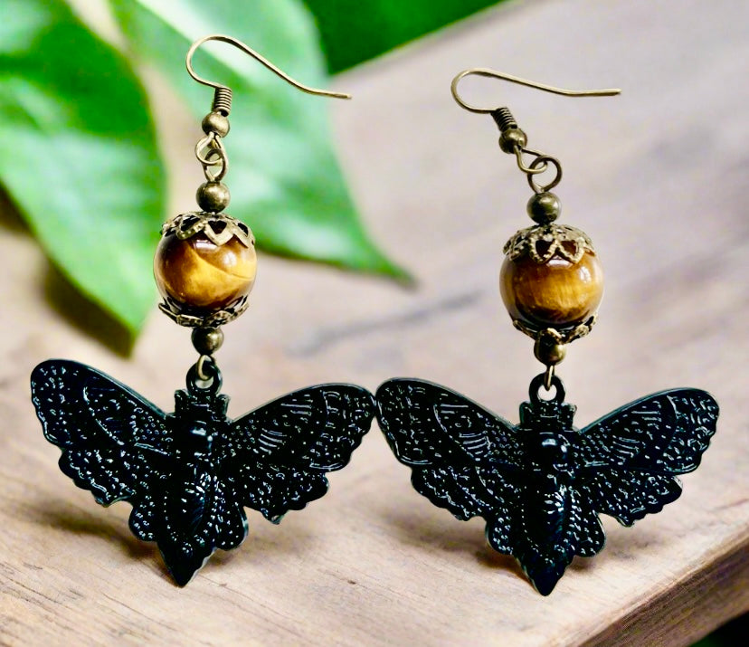 Death’s-Head Hawkmoth Charm/Tigereye Gemstone Bead Earrings