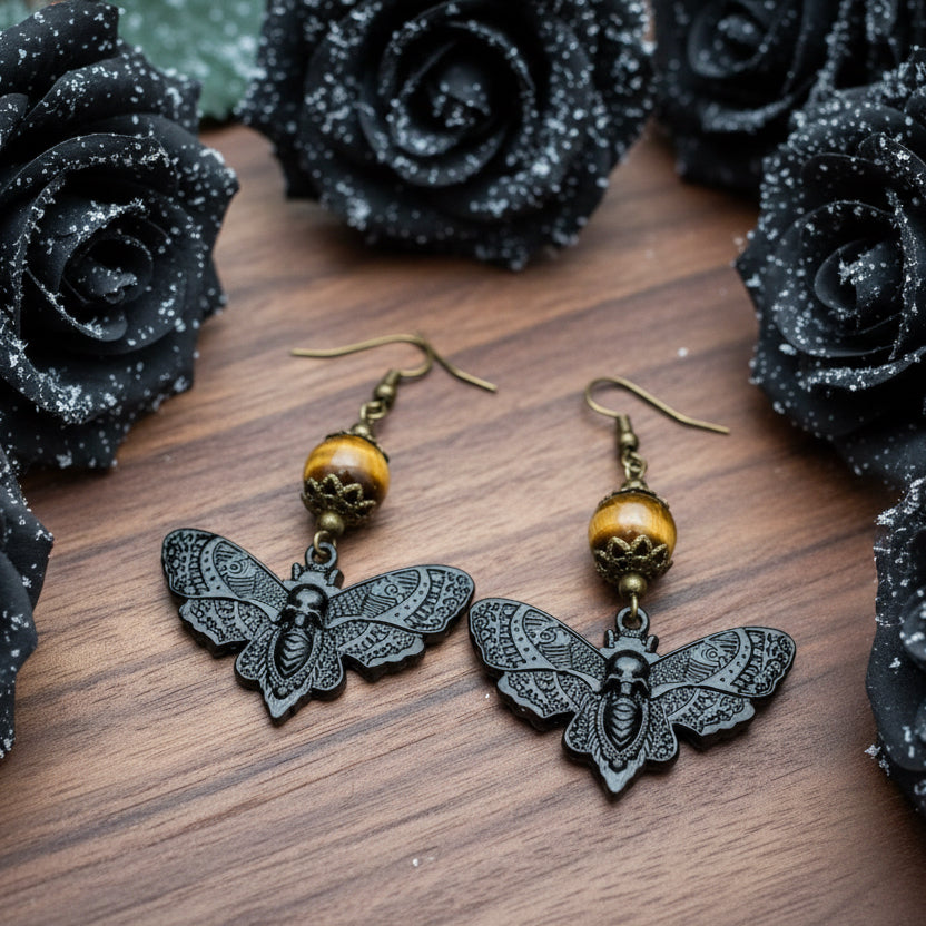 Death’s-Head Hawkmoth Charm/Tigereye Gemstone Bead Earrings