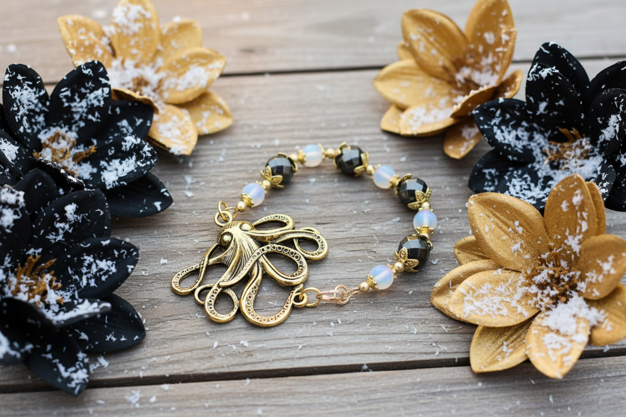 Brass Octopus/Mermaid Glass/Hematite Bead Bracelet