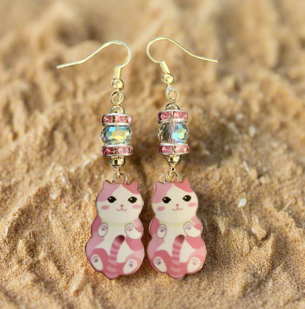Enameled Pink/White Cat Charm Earrings