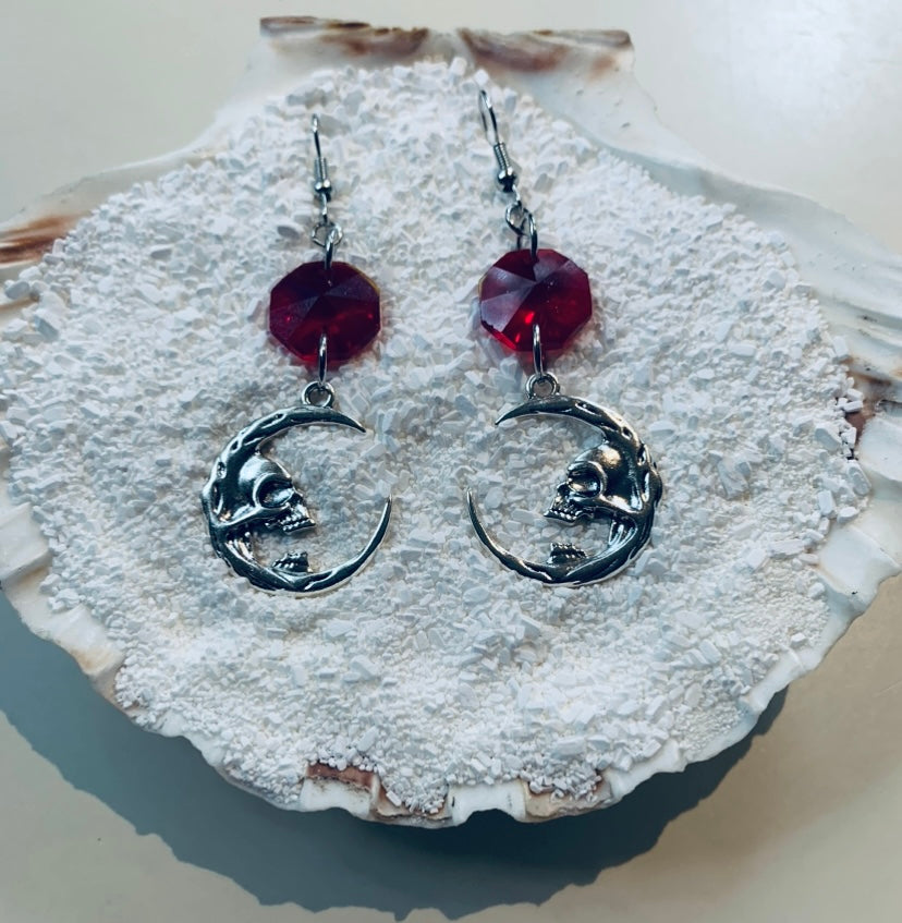 Ruby Red Glass Bead/Skull Earrings