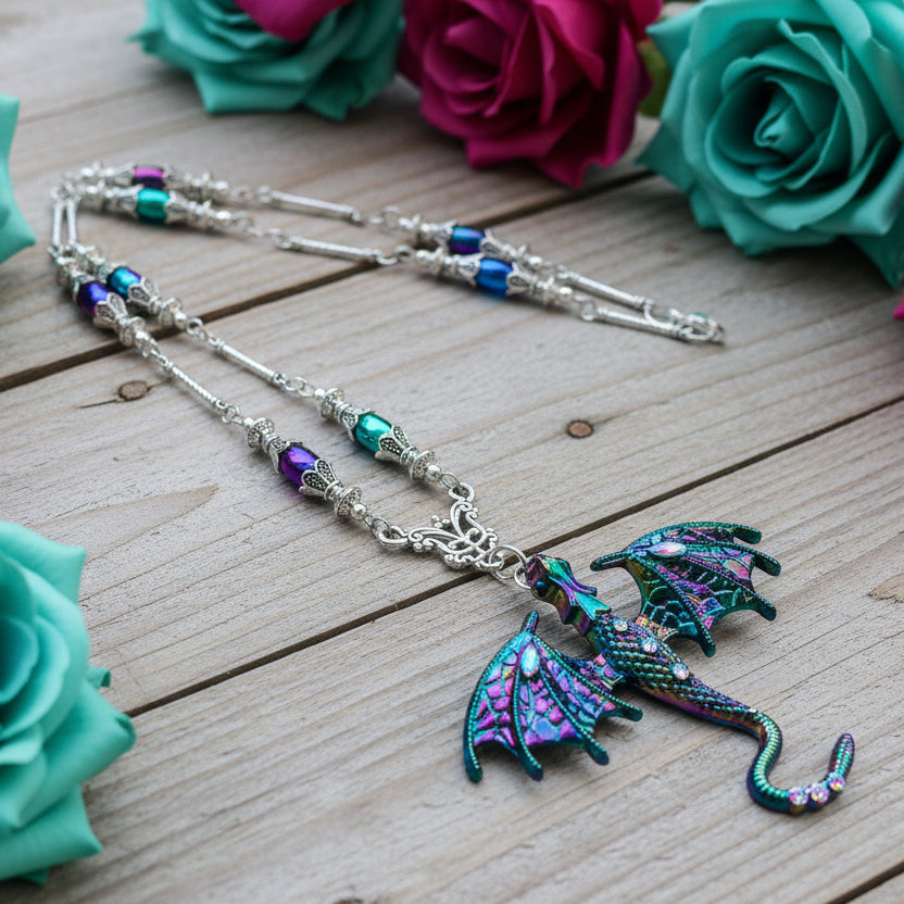 Teal/Magenta Enameled Dragon Pendant Necklace with Rainbow Hematite Beads