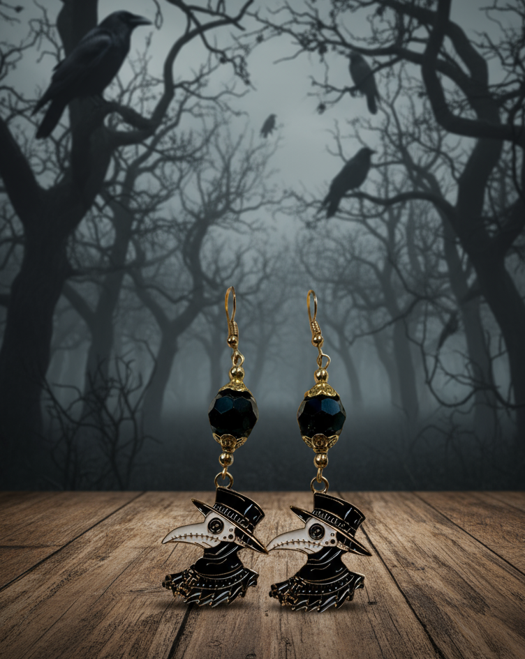 Enameled Brass Crow/Raven Charm Earrings