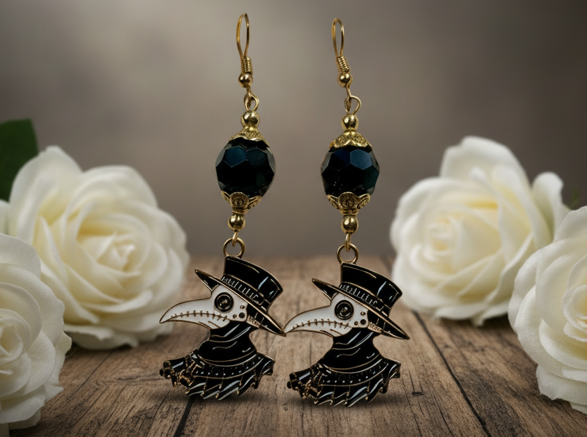 Enameled Brass Crow/Raven Charm Earrings