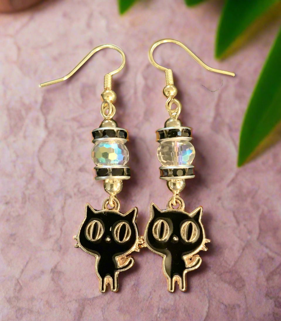 Enameled Black Cat Charm Earrings