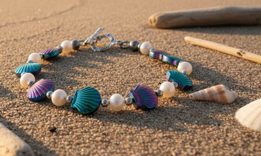 Rainbow Hematite Shell/Freshwater Pearl Bracelet