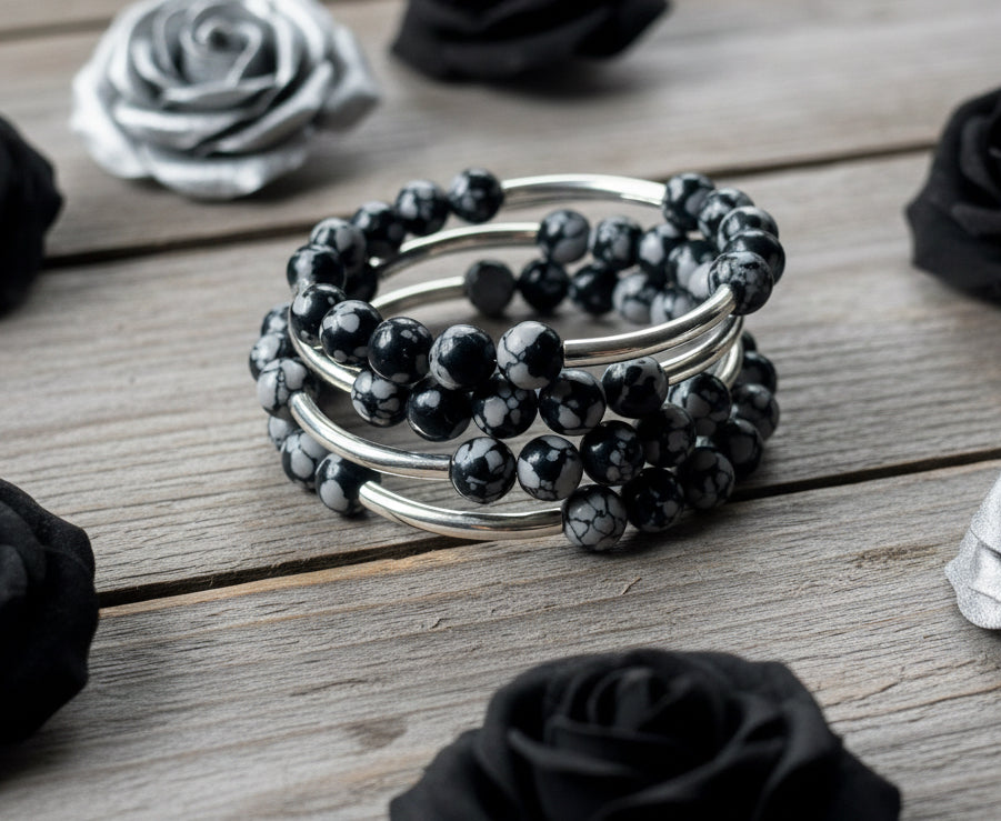 Snowflake Obsidian Stone Wraparound Bracelet