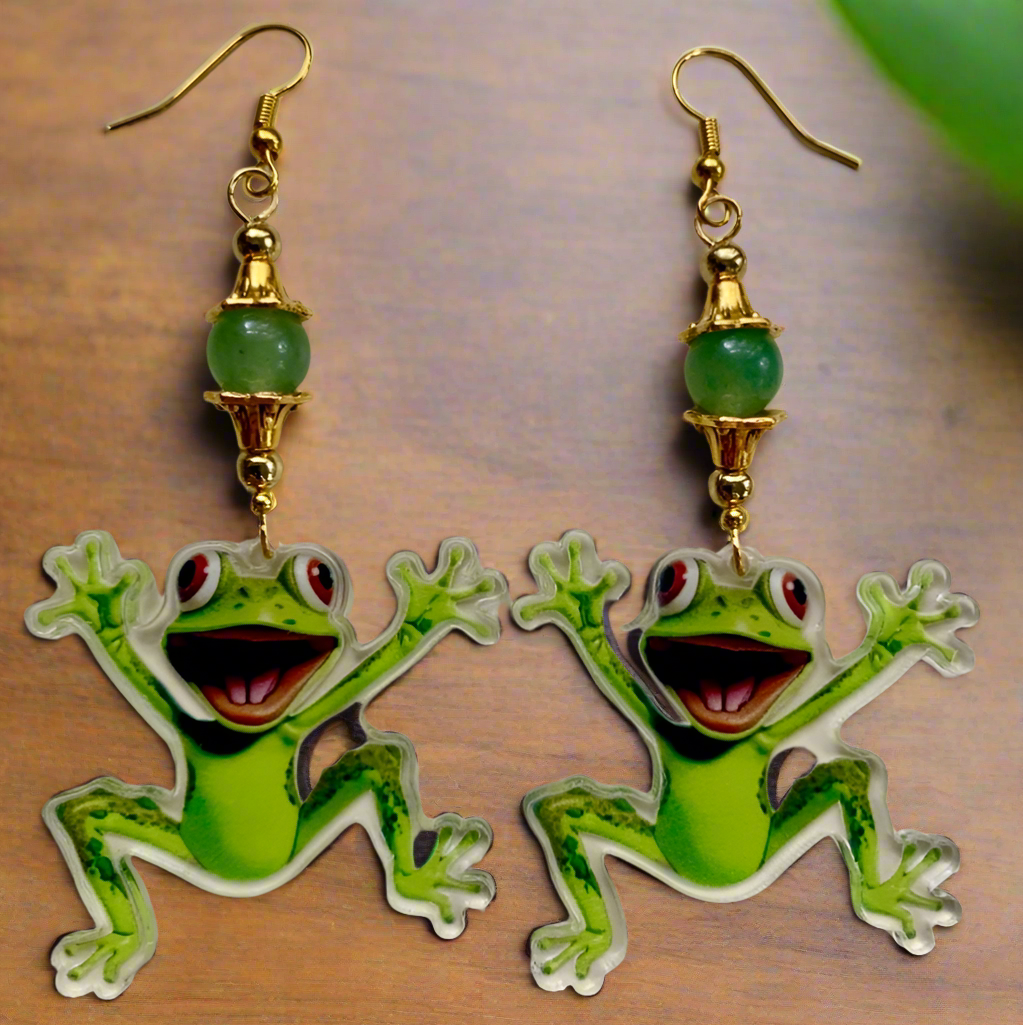 Acrylic Happy Frog Earrings with Aventurine Beads