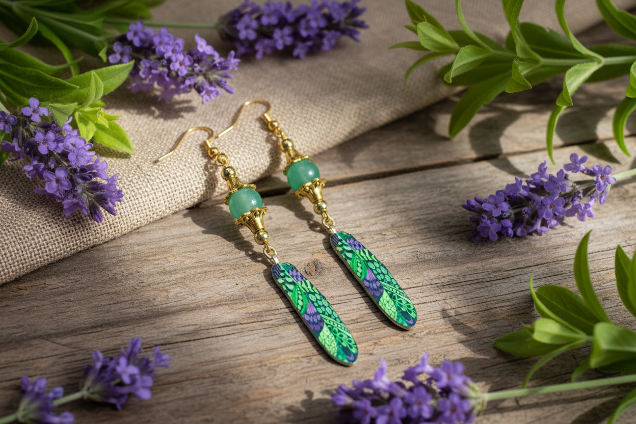Enamled/Brass Feather Earrings: Aventurine Beads