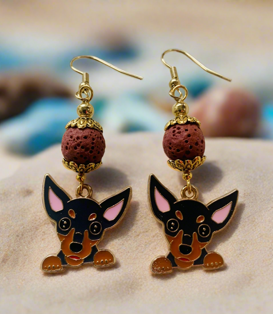 Enameled Pup Charm/Lava Rock Earrings