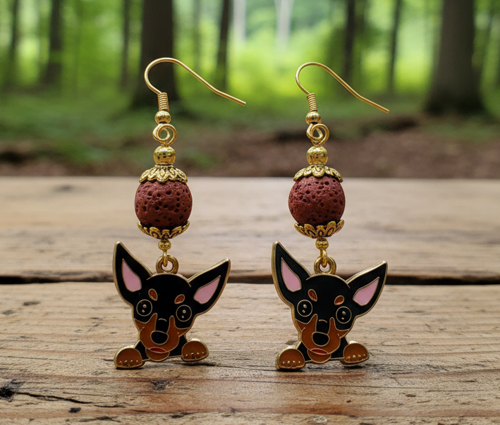 Enameled Pup Charm/Lava Rock Earrings
