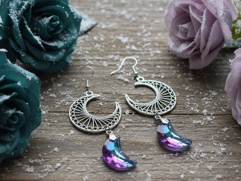Light-Reflecting Moons with Ornate Tin Alloy Moon Earrings