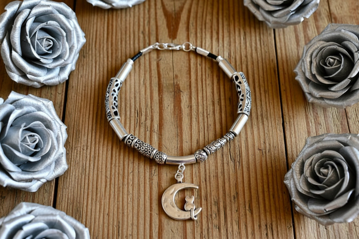 Stainless Steel/Noodle & Straight Spacer Kitty Charm Bracelet