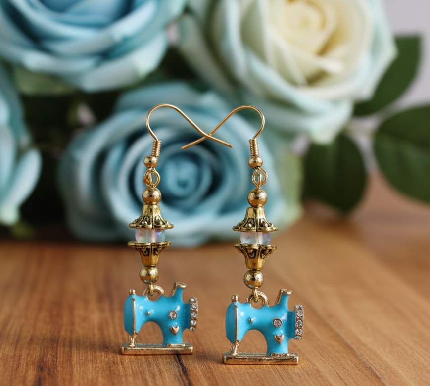 Enameled Vintage Sewing Machine Charm Earrings