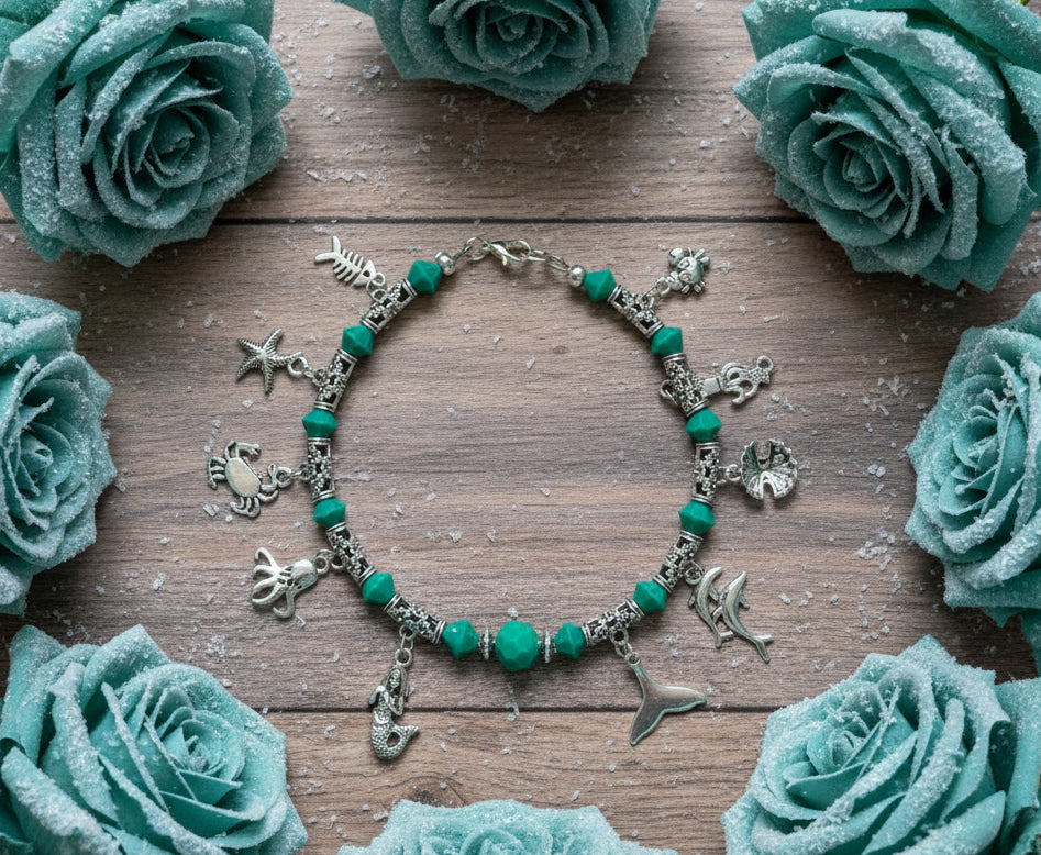 Anklet with Teal Czech Glass Beads & Sea-Related charms