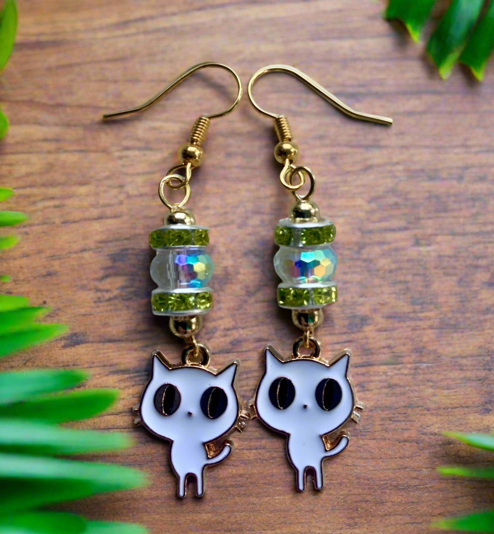 Enameled White Kitty Charm Earrings