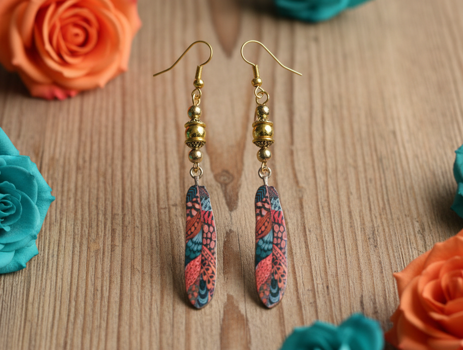 Enameled Feather Earrings with Brass Balls