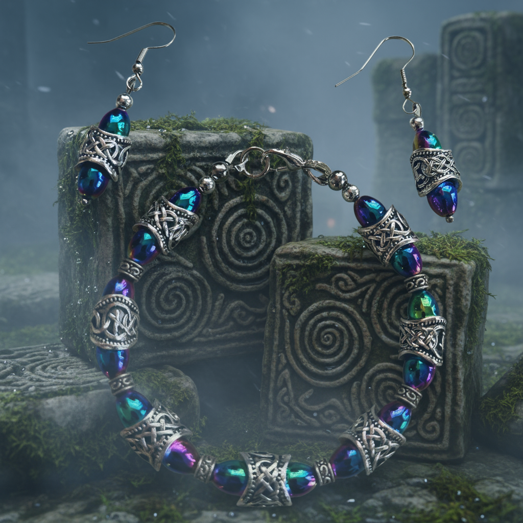 Celtic-Inspired Bracelet & Earring Set with Rainbow Hematite Beads