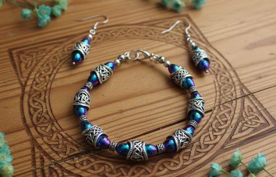Celtic-Inspired Bracelet & Earring Set with Rainbow Hematite Beads