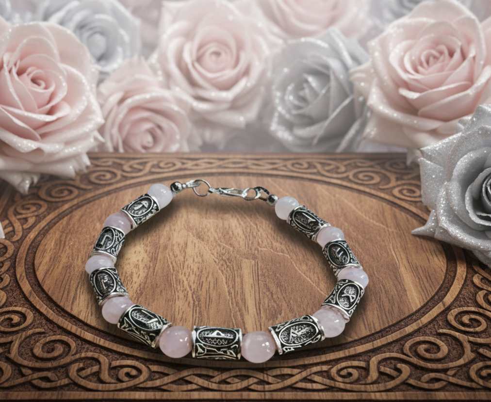 Rose Quartz/Zinc Alloy Rune Stone Bracelet