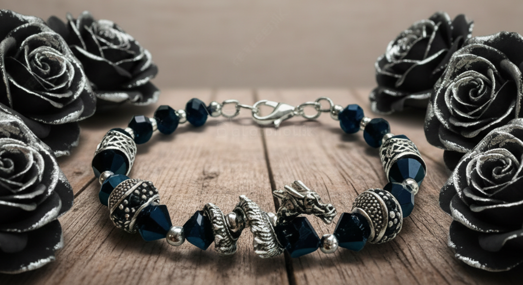 Dragon Wraparound Zinc Alloy Dragon Focal/Alloy Beads: Black Rhinestone & Czech Glass Bead Bracelet