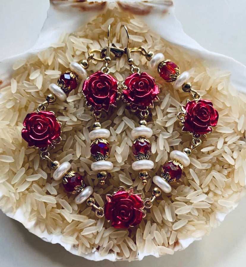 Enameled Rose/Vintage Crystal Bead Bracelet & Earring Set
