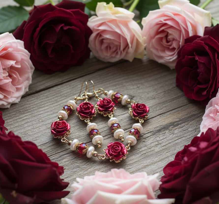 Enameled Rose/Vintage Crystal Bead Bracelet & Earring Set