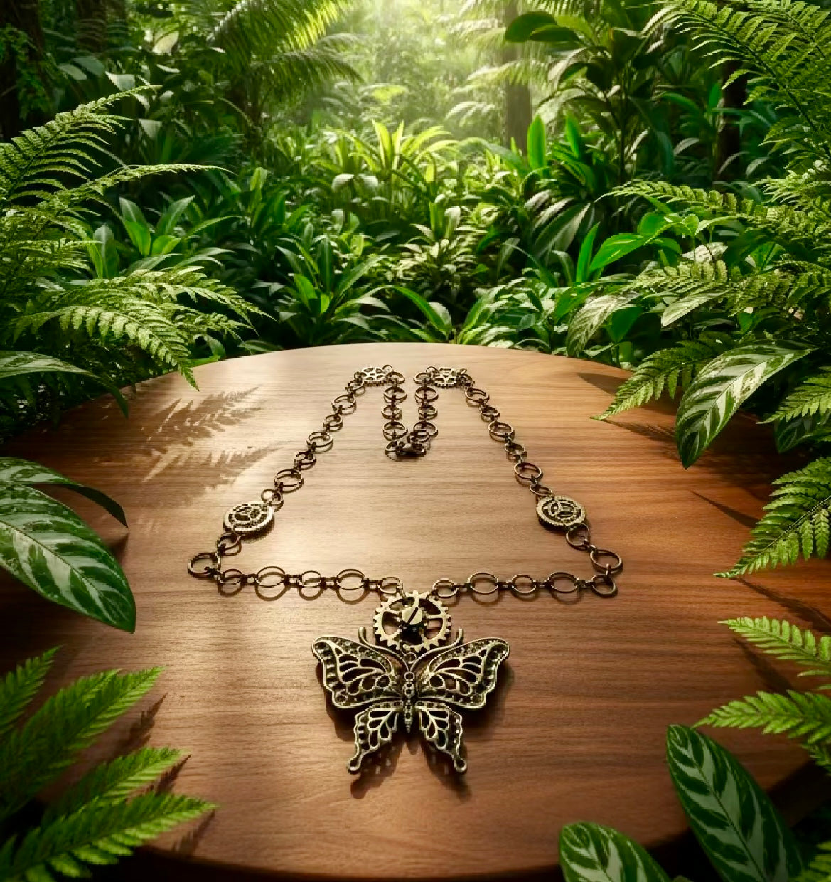 Steampunk-Inspired Necklace with Antiqued Bronze Butterfly Pendant