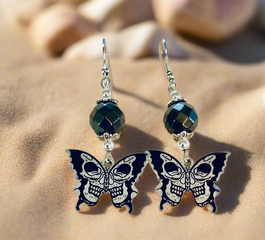 Tin Alloy Butterfly/Skull/Hematite Bead Earrings