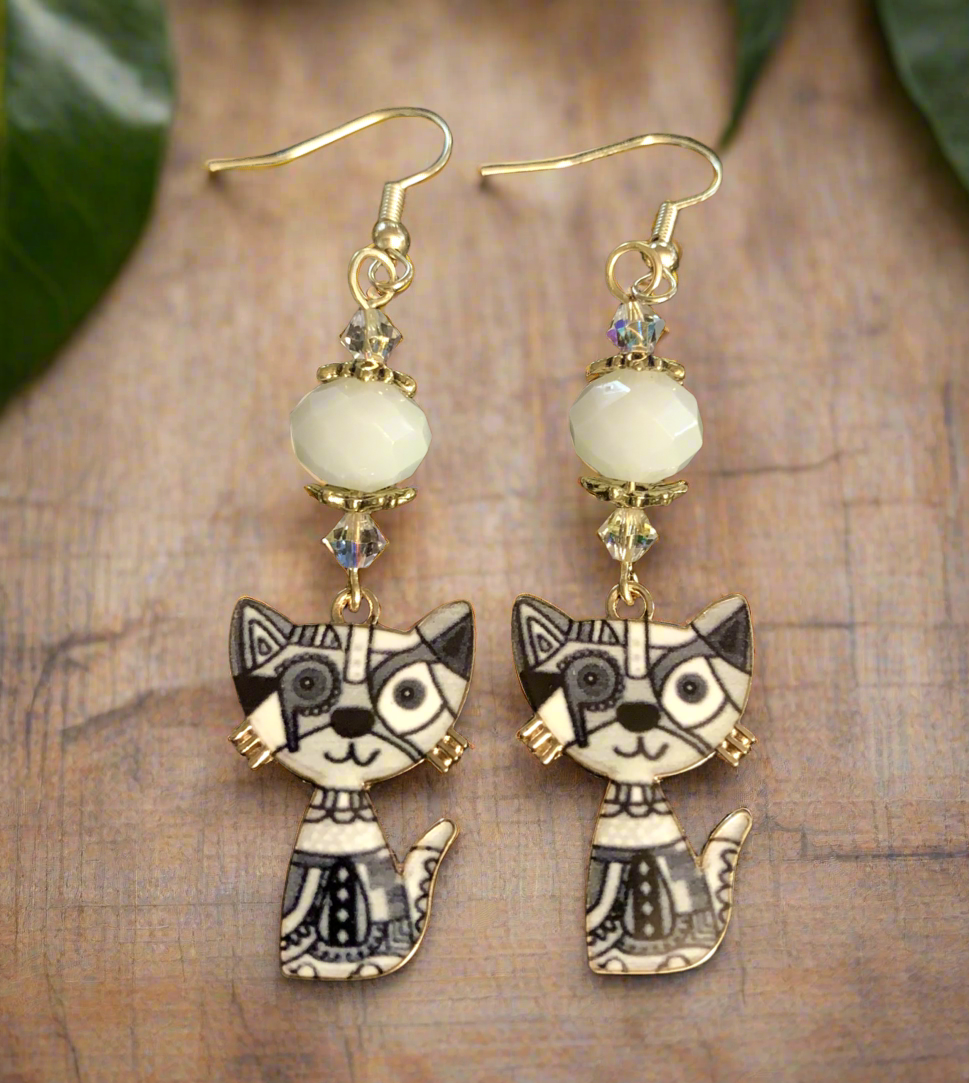 Enameled Grey/White Kitty Charm Earrings