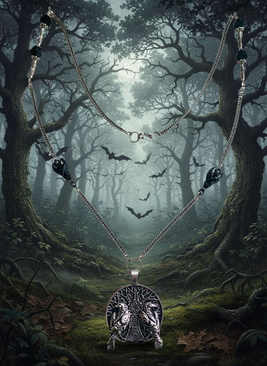 Raven-Inspired Pendant with Black Bat Connectors