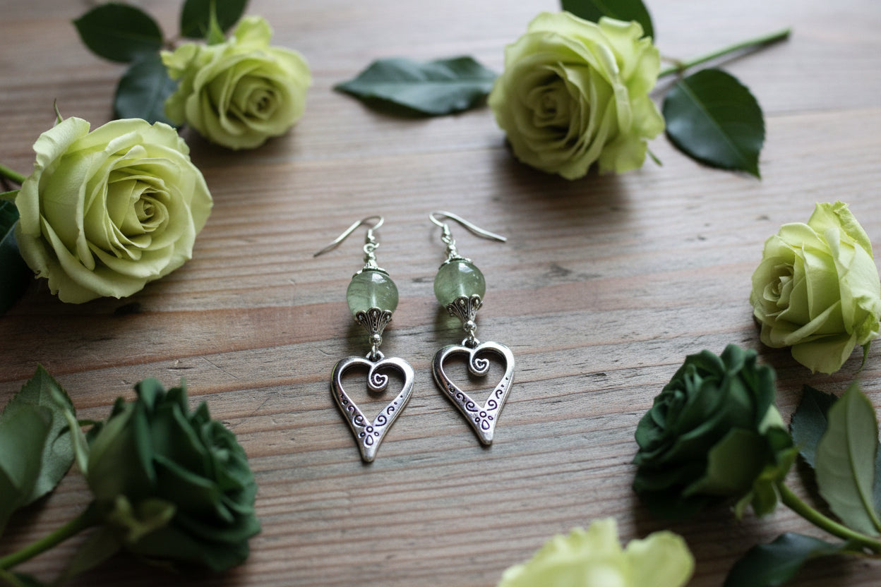 Fluorite Gemstone Bead Earrings With Stainless Steel Heart Charms