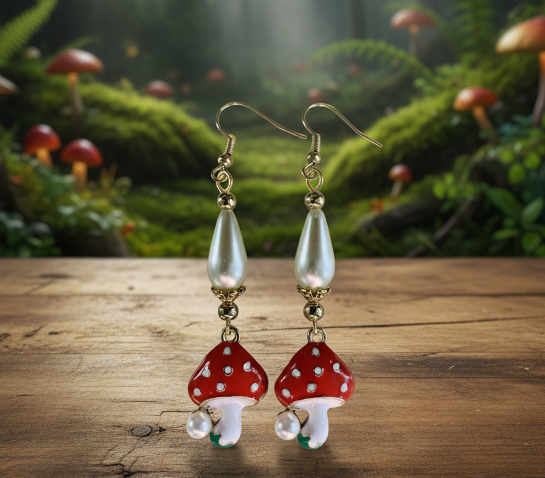 Enameled Mushroom Charm Earrings