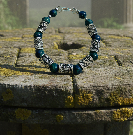 Rune Stone Alloy Spacer/Chrysocolla Stone Bead Bracelet