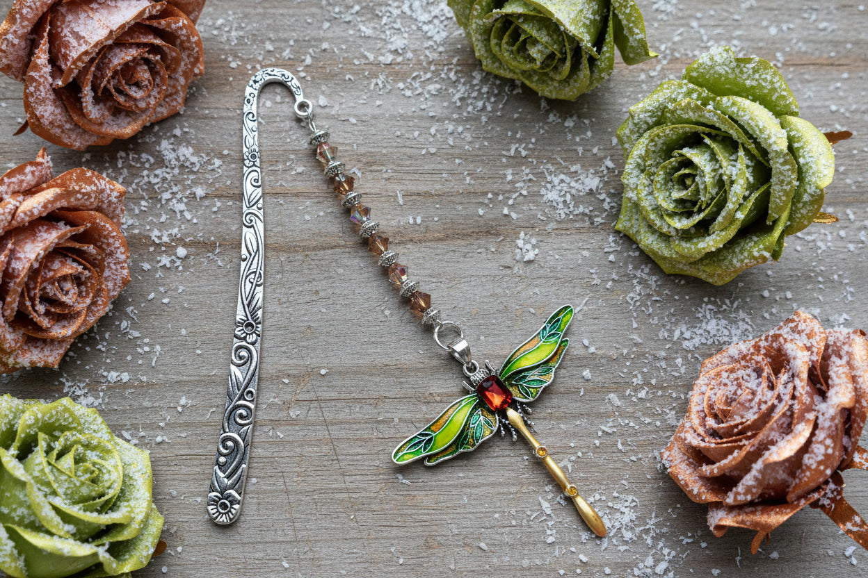 Enameled Green/Copper Dragonfly Pendant with Topaz Swarovski Crystal Bookmark
