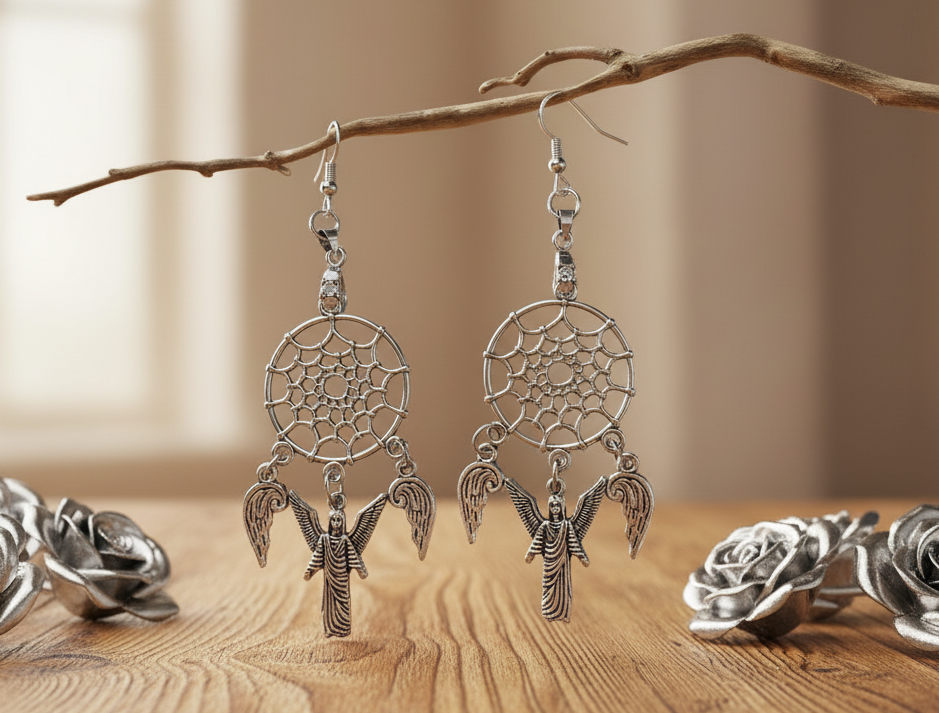 Dream Catcher Earrings with Angel/Wing Charms
