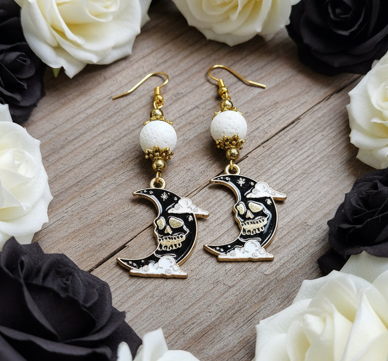 Crow/Skull Moon Earrings with White Lava Rock Beads