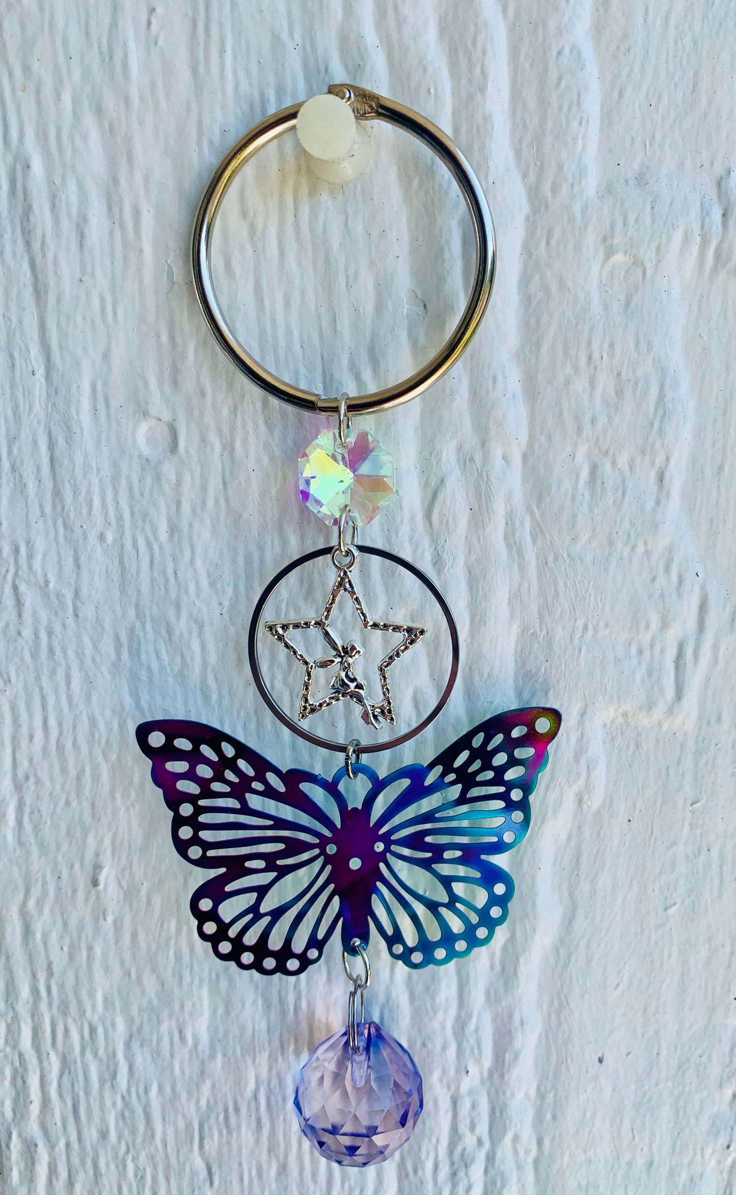 Rearview Mirror Multi-colored Butterfly & Lavender Crystal Ball Prism