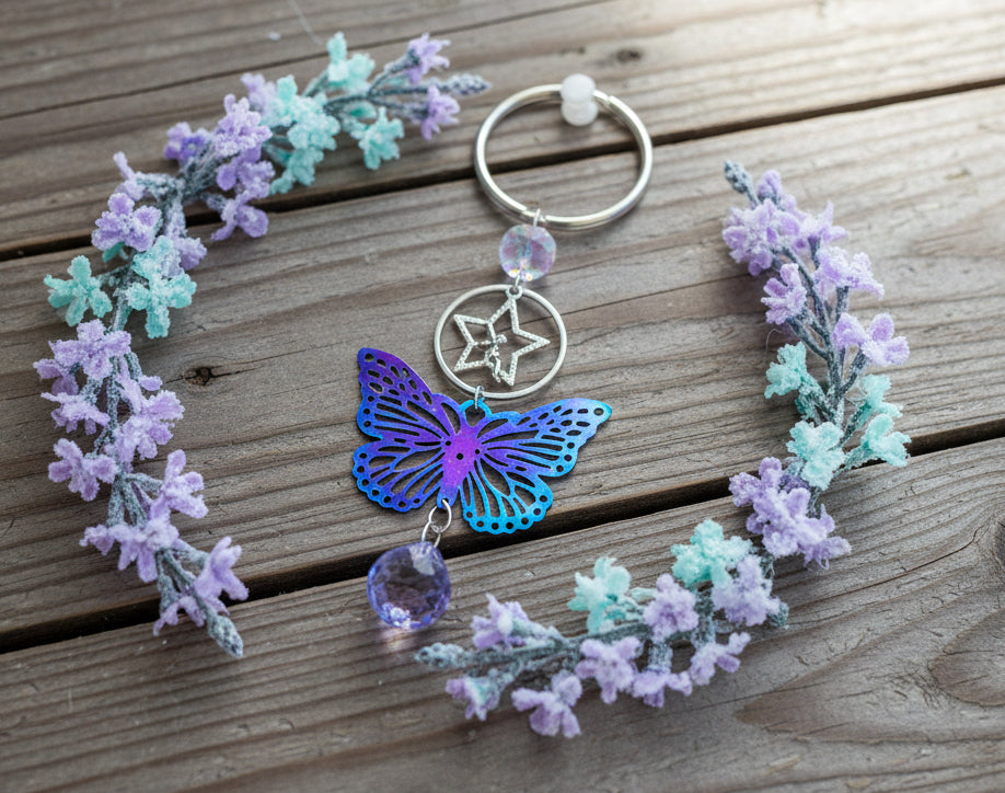 Rearview Mirror Multi-colored Butterfly & Lavender Crystal Ball Prism