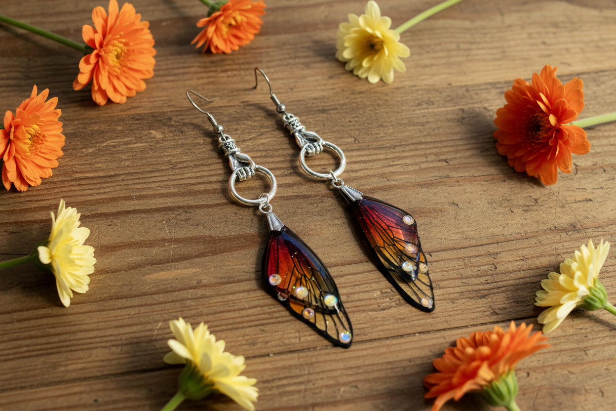 Double-Winged Orange/Yellow Butterfly Earrings with Hand/Ring Connectors