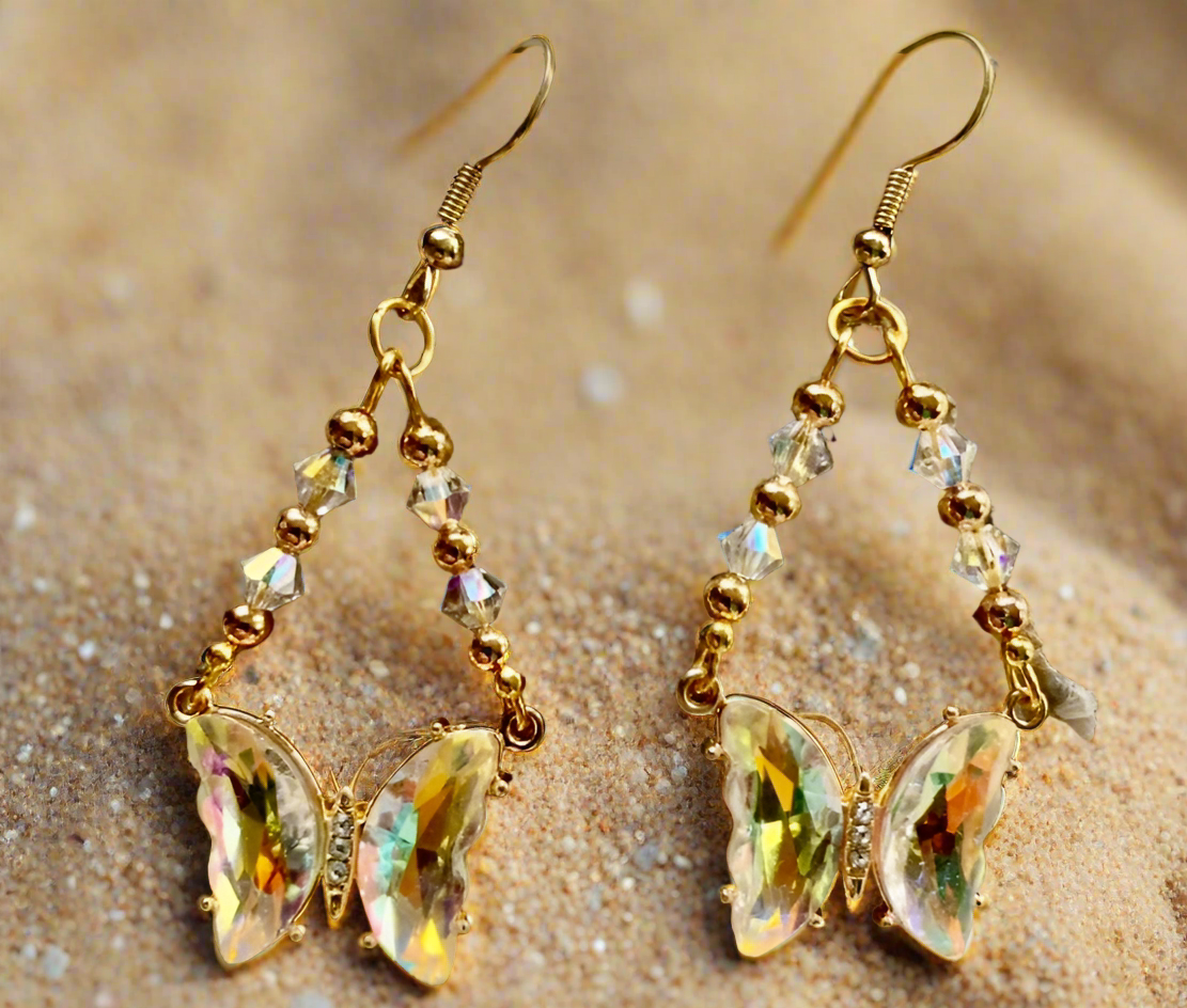 Gold Finished AB Vitrail Butterfly Connector Earrings