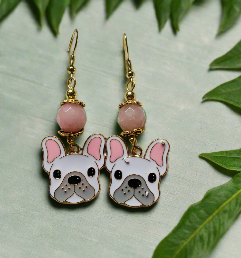 Enamled Puppy Charm/Rose Quartz Earrings