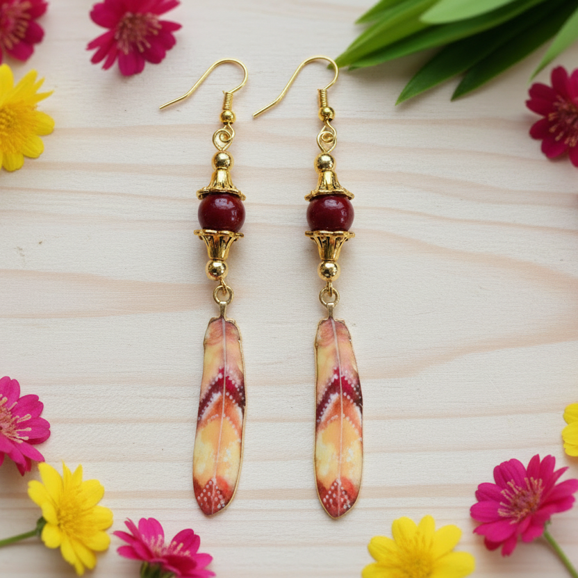 Enameled/Brass Feather Earrings with Czech Glass Beads