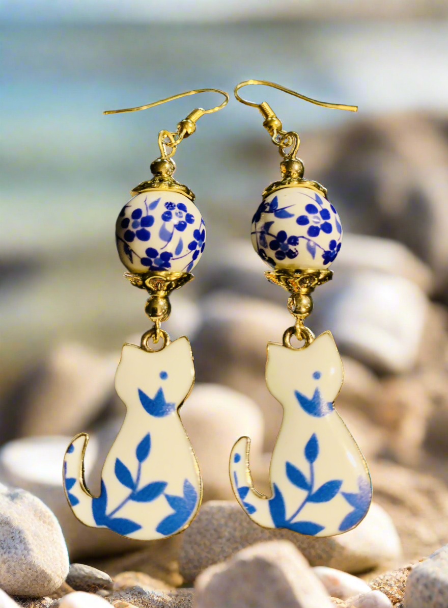 Enameled Kitty Charm Earrings